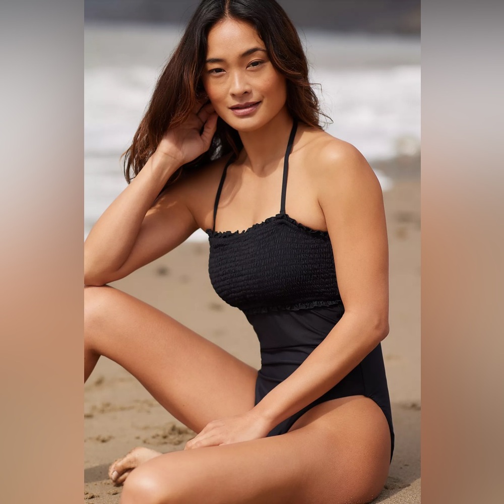 Anthropologie Black One-Piece Smocked Halter Swimsuit
